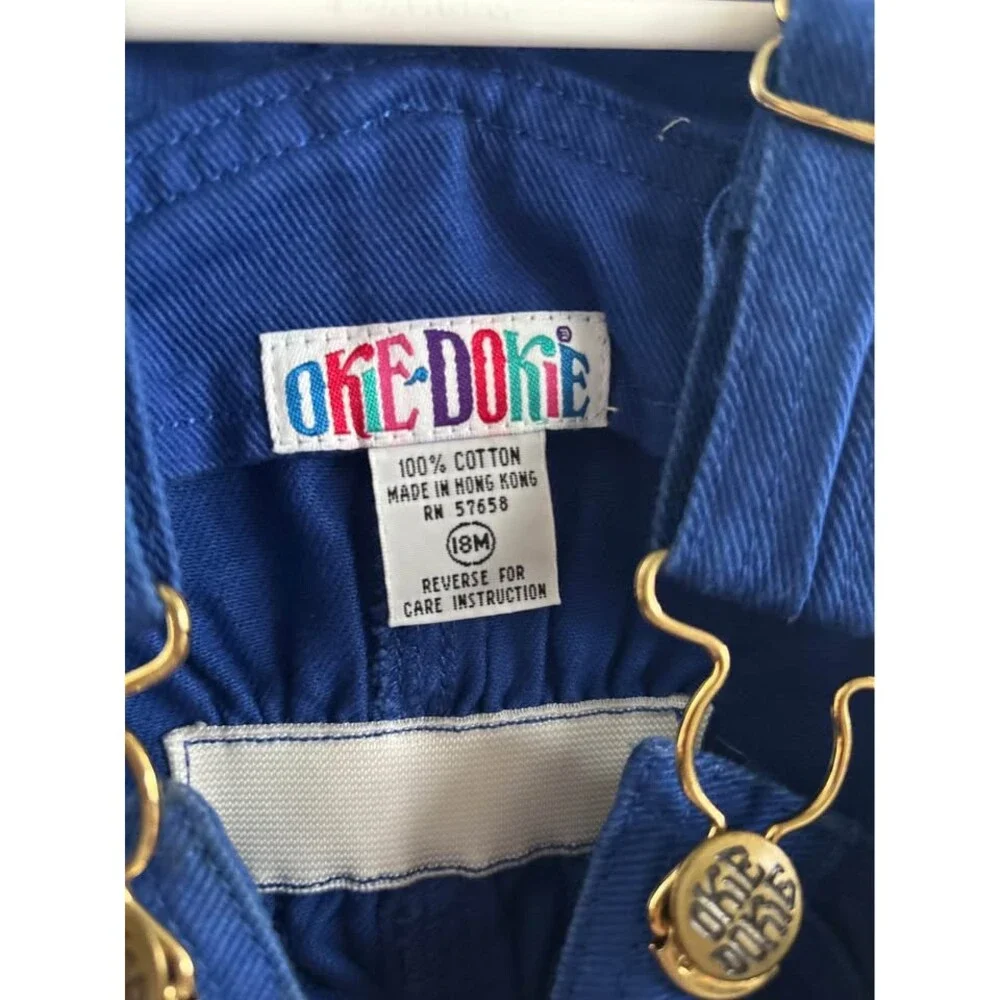 Vintage Okie Dokie 18 months  “Spirit of adventure” blue adjustable overall shor